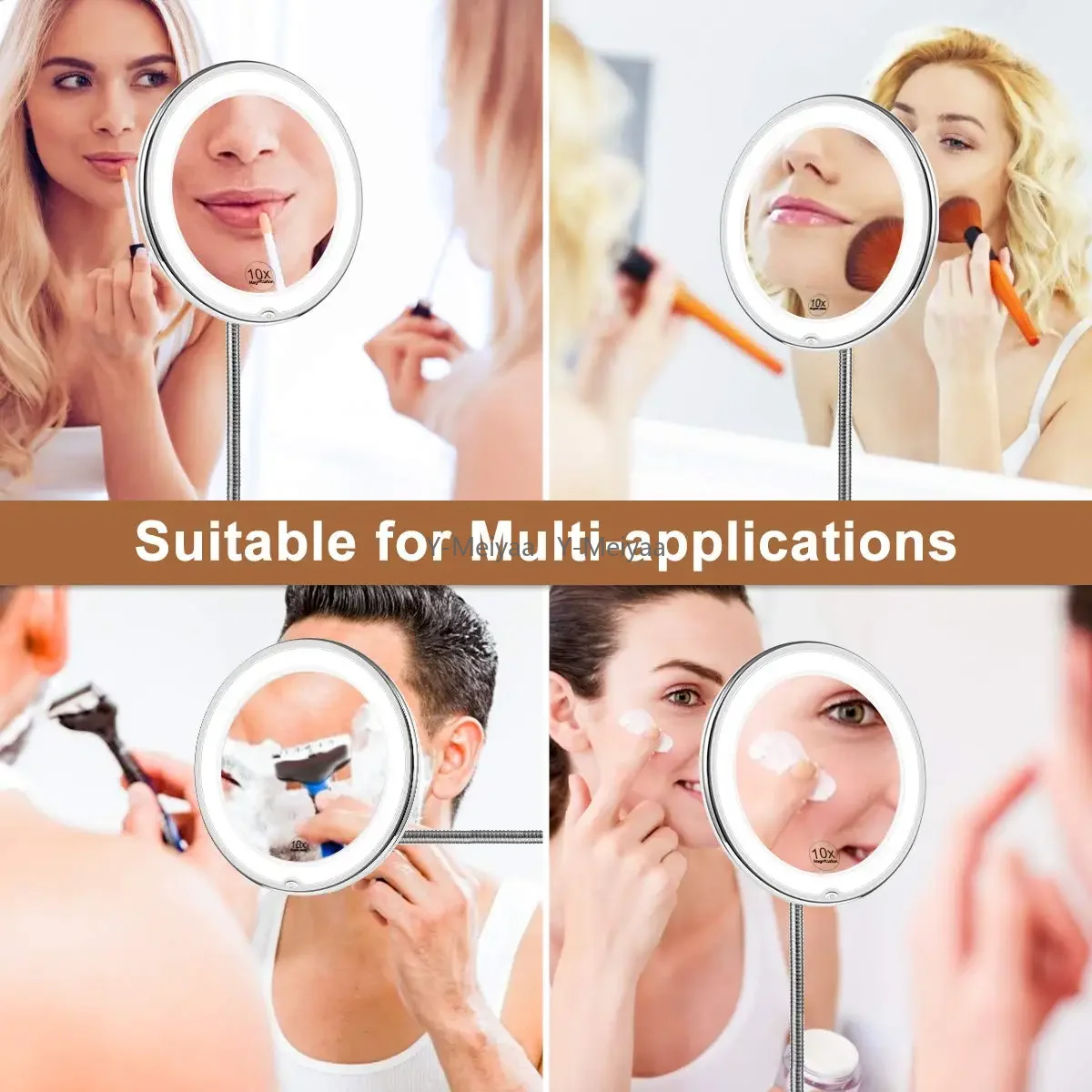 Espelho de vaidade de ampliação flexível 10x com espelho de maquiagem iluminado por LED Iluminação de vestir Lâmpada de maquiagem Ventosa inferior