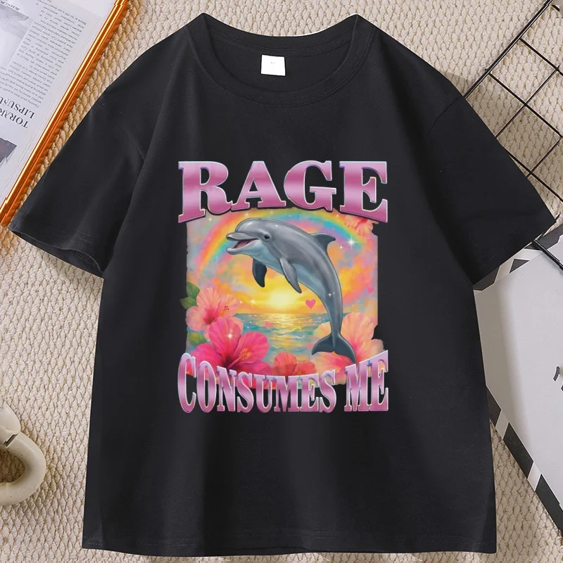 Rage Consumes Me Dolphin Tshirt Men Women Retro Comfortable Funny Meme T-Shirt Silly Weird Graphic T Shirts Unisex Clothes
