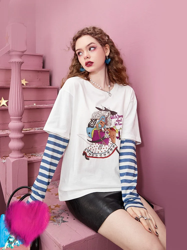 

Elfsa Loose Long Sve Stripe T-irt Fake Two-Piece Printed Patchwork Versatile Top Autumn Casual round Ne Cotton 00%
