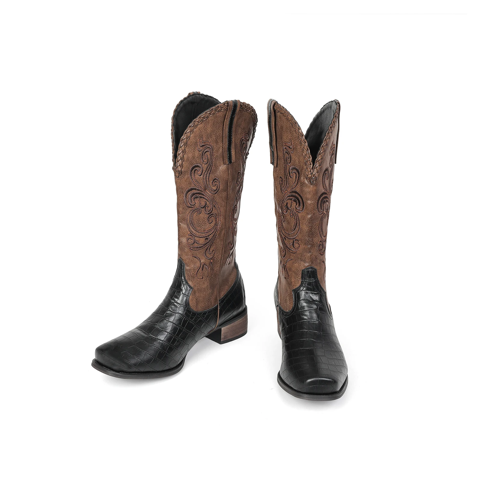Men Embroidery Patchwork Croc Embossed Western Cowboy Mid Calf Boots Vintage Western Cowboy Halloween CosplayParty Riding Boots