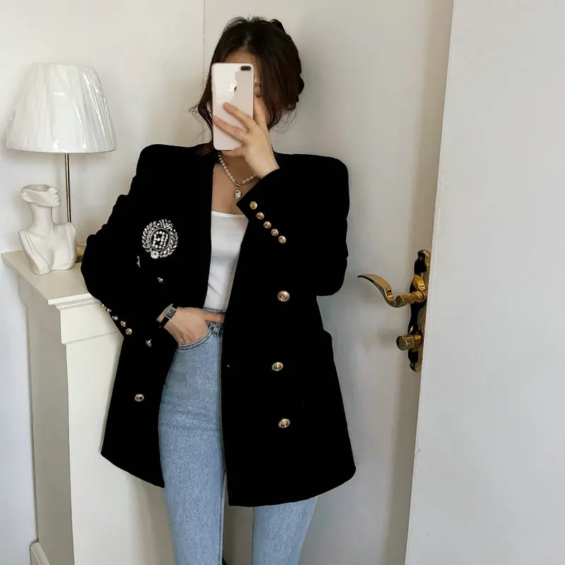 Chaqueta de Traje de Terciopelo con Letras de Diamantes de Imitación y Botones Dorados de Doble Hilera, Estilo Retro, Abrigo Casual de Negocios para Mujer