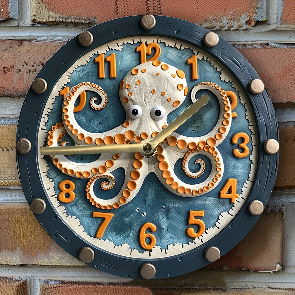 Silent Aluminum Wall Clock with Cartoon Octopus Design - Perfect for Bedroom Decor & Thanksgiving Gift Wall Clock Modern Design