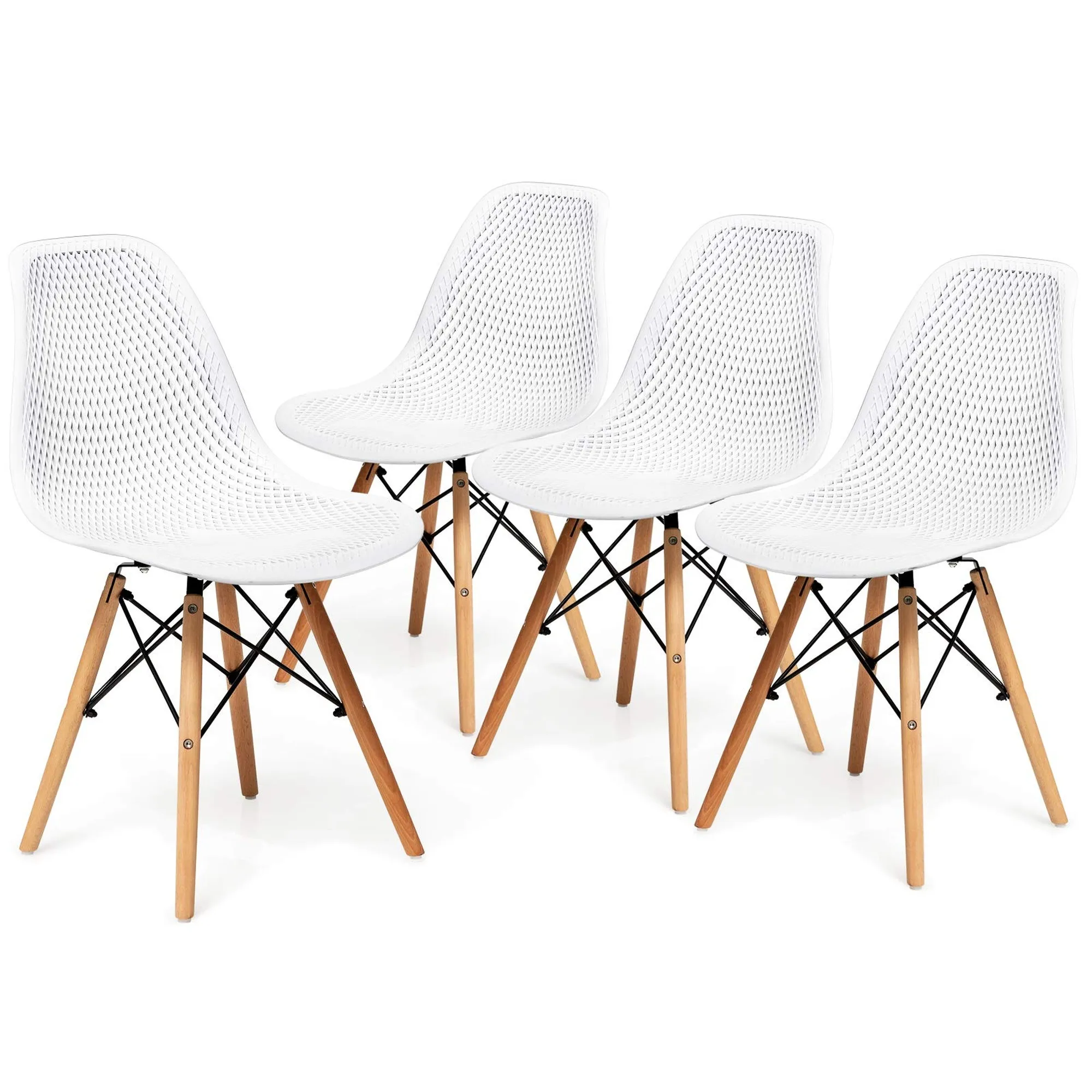 Dining Chairs (Set of 4), Modern Shell PP Leisure Chairs With Mesh Design & Beech Wood Legs