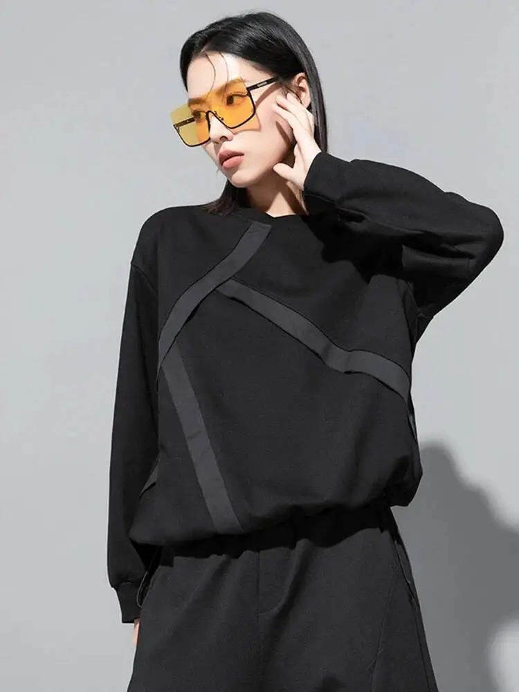 

Color-block Black Ribbon Sweatshirt New Round Neck Long Sleeve Women Big Size Fashion Spring Autumn 2026 3GP1