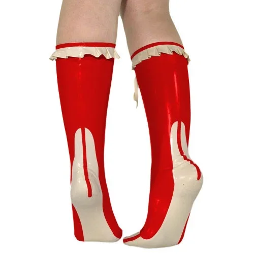 Latex Rubber Socks Socken Ruffle White&red Ankle  0.4mm Accessory Size S-XXL