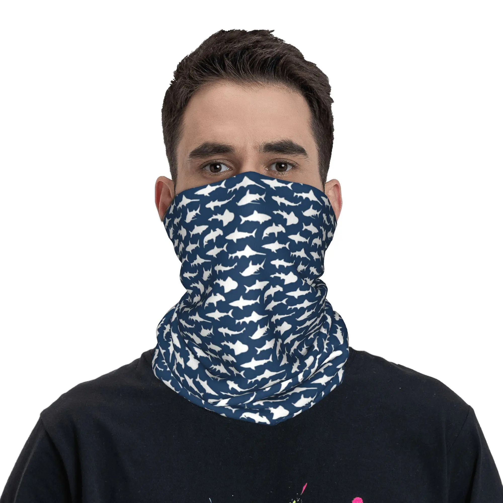 

shark on Navy Blue Bandana Neck Cover Printed Wrap Mask Scarf Multifunction Balaclava Hiking Fishing For Men Women Washable