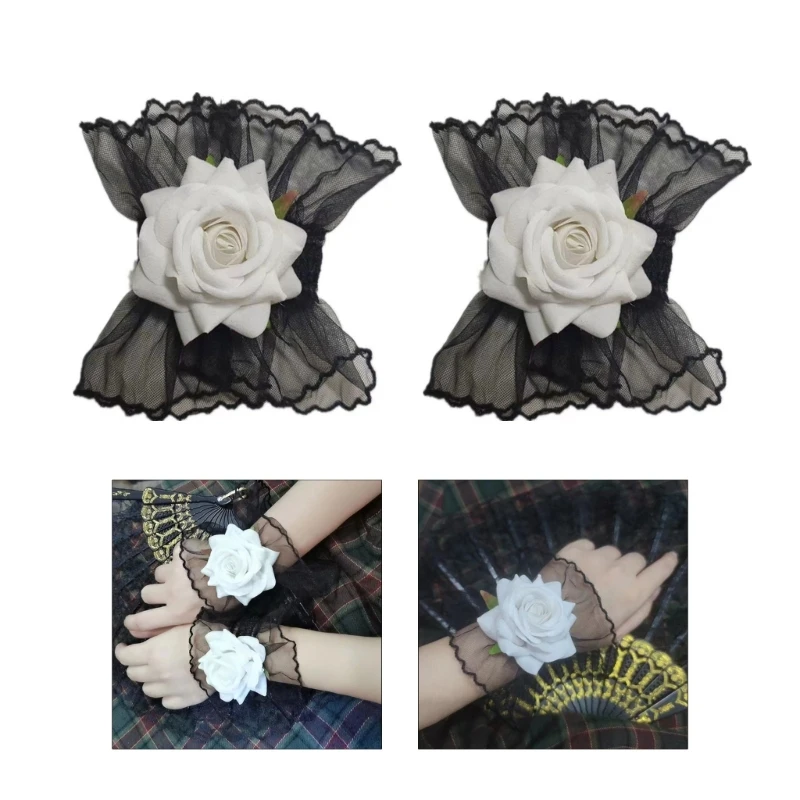 Shirt Sweater Rose Decor Flared Fake Sleeve Wrist Cuffs Lace Pattern Decorative Sleeves Woman Wrist Clothing Accessory