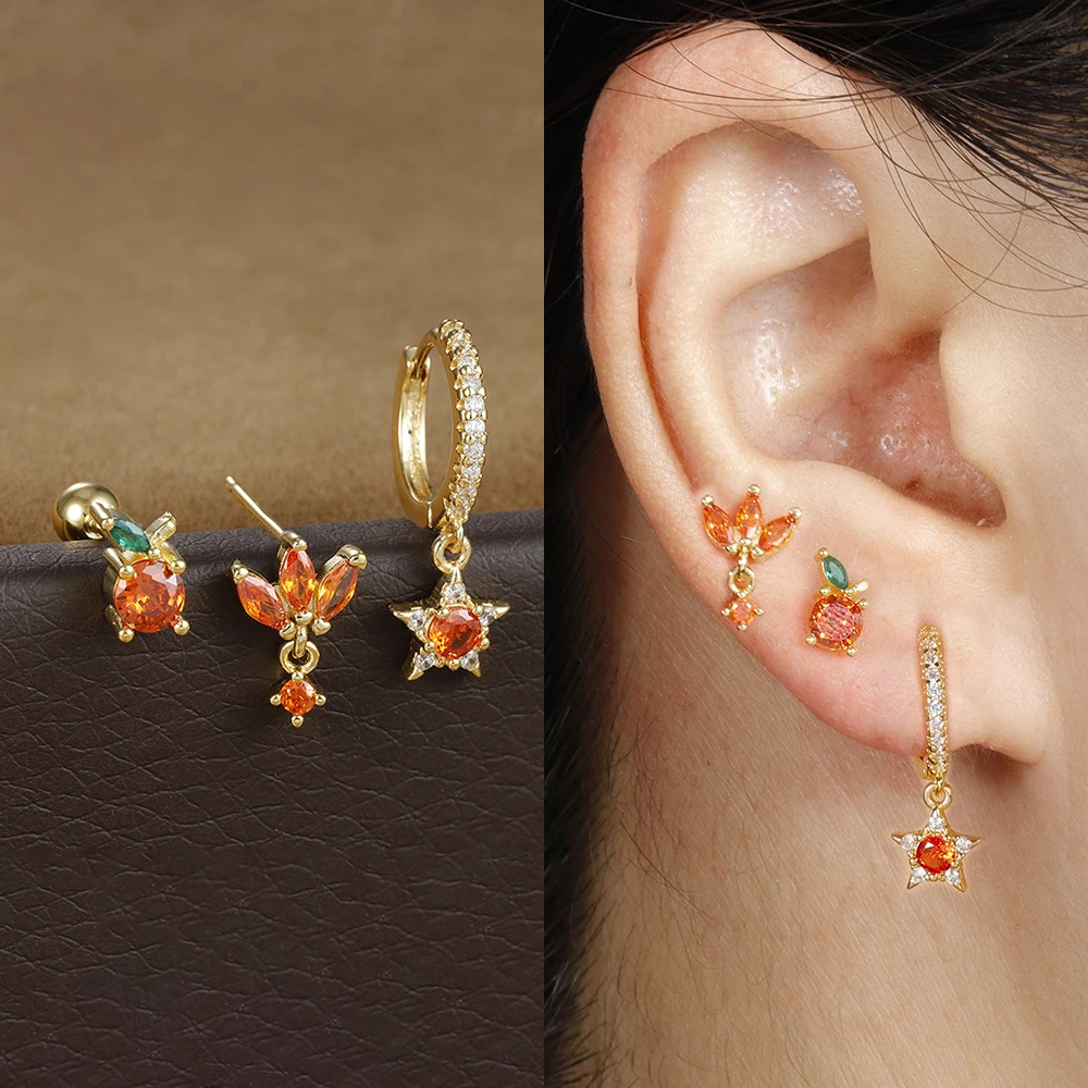 

3PCS Fashion Orange Star Crown Earring Stainless Steel Sweet Zircon Fruit Helix Tragus Piercing Earrings Jewelry Set for Women