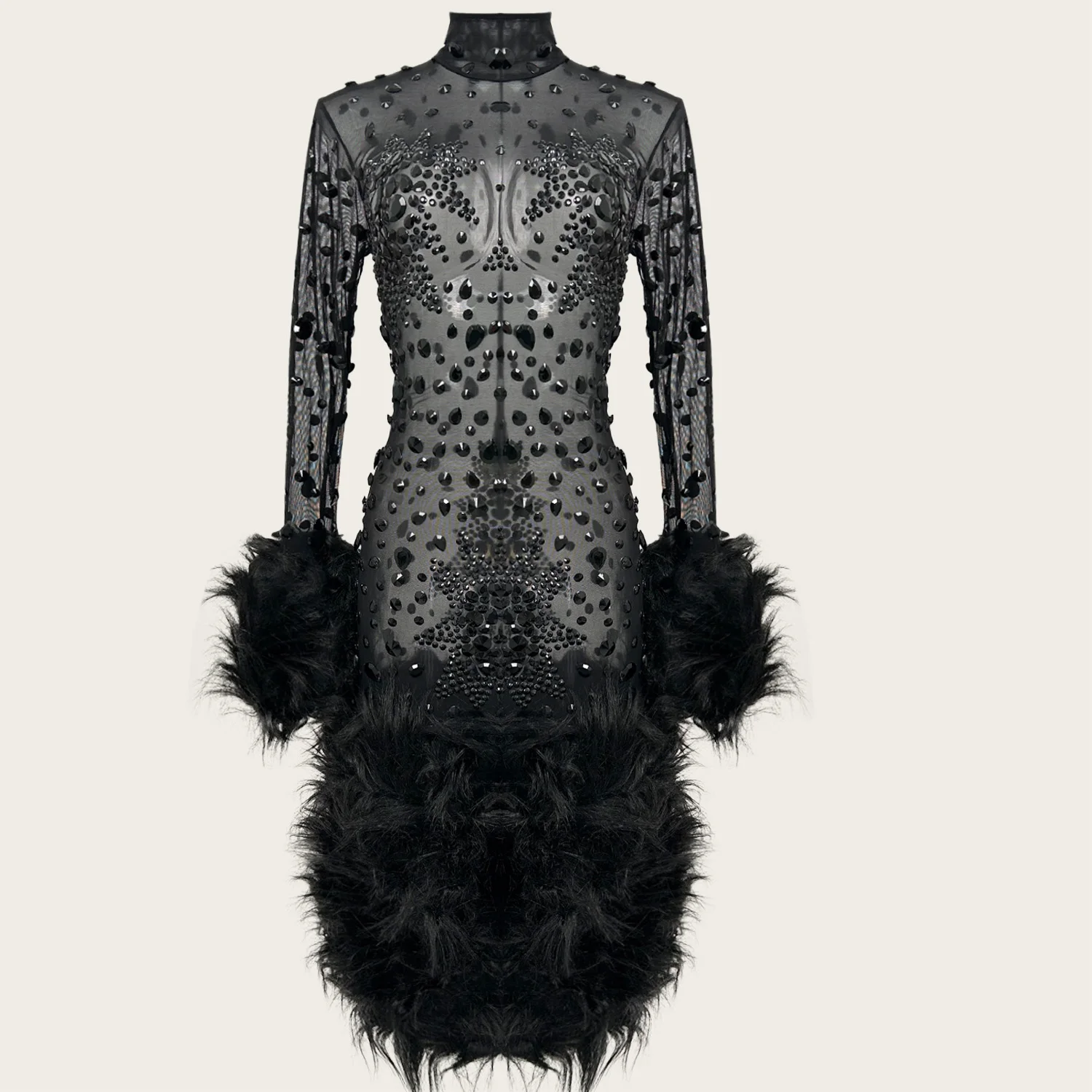 

Sparkly Rhinestone Feather Cocktail Dress Black See Through Mesh Bandage Tight Fitting Mini Dress Long Sleeves Outfit Guibin