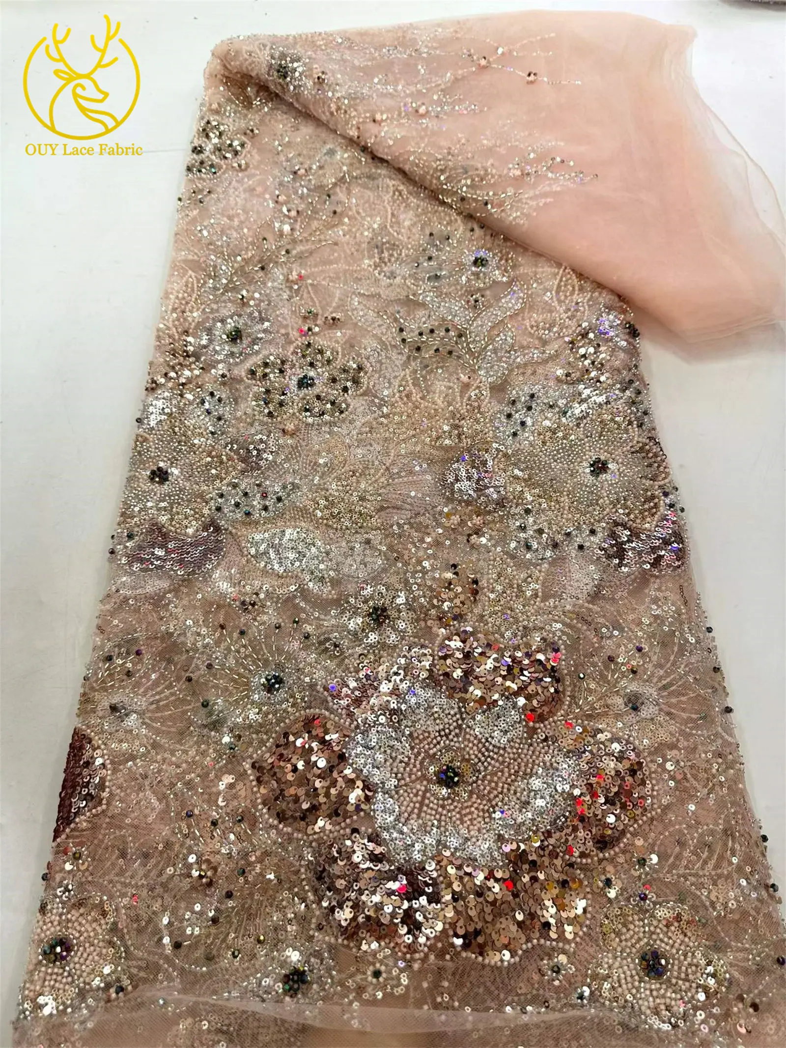 Afrikanischer Brautkleid-Stoff mit Stickerei und Perlen, hochwertiger nigerianischer französischer Pailletten-Tüll-Mesh-Spitzenstoff für Brautkleider – Detail 13