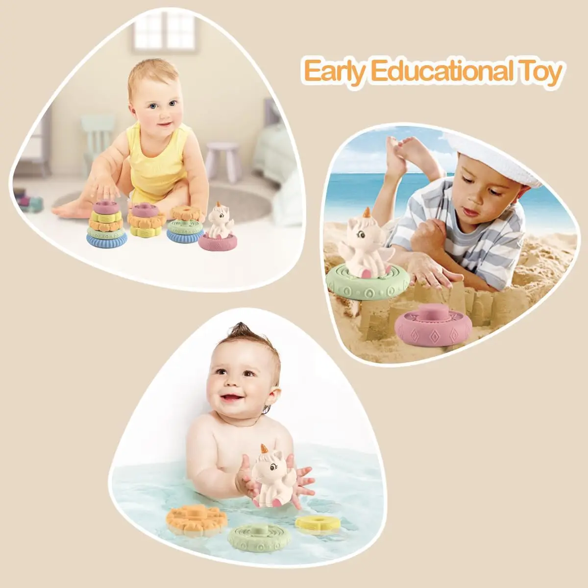 Baby Stacking Nesting Toys, Soft Squeeze Building Circle with Pink Horse, Baby Teething Toy Sensory Early Educational Toys for N