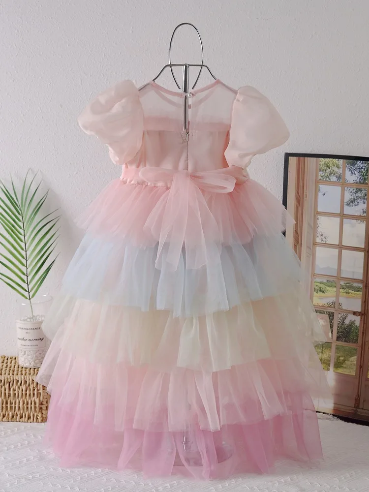 2025 Summer New Girls Princess Dress Girls Mesh Birthday Dress Colorful Gradient Puff Sleeve Sweet Dress