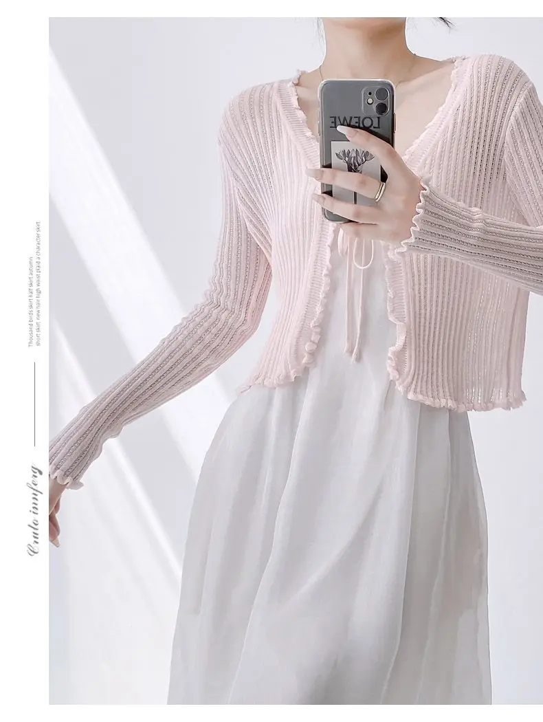 Knitted Cardigan Sun Protection Front Tie Up Cropped Korean Ladies Womens Wrap Open Drawstring Long Sleeve Top Thin Coat Summer