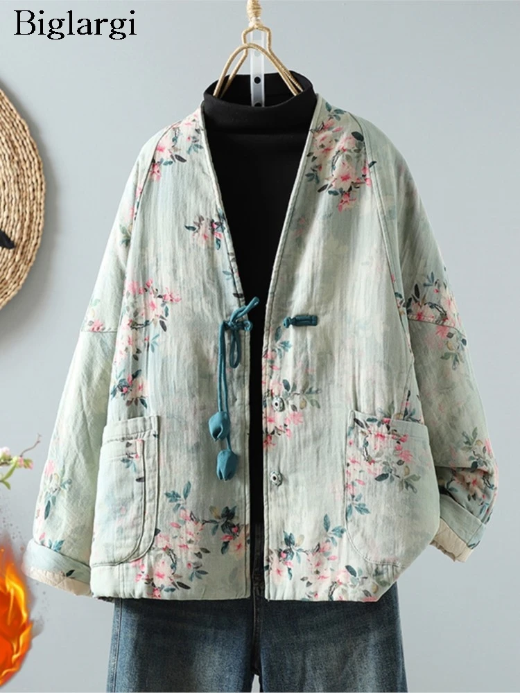 Oversized Autumn Winter Padded Cotton Coat Women V-Neck Fashion Flower Floral Print Ladies Jackets Loose Long Sleeve Woman Coats