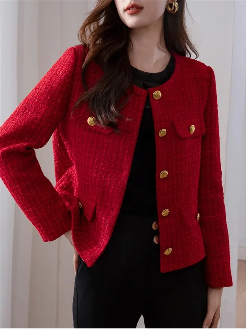 Blazer curto de Tweed vermelho feminino, casaco pequeno, casacos elegantes, moda coreana, tops femininos, primavera e outono, novo, fragrância, 2021