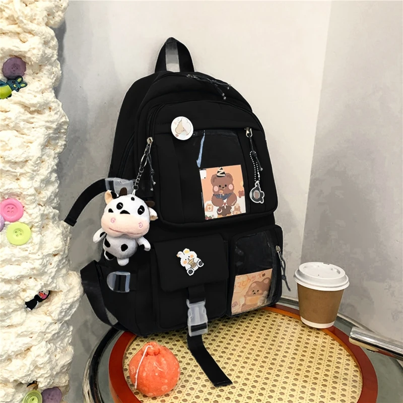 Mochila bonita para estudiantes, bolso escolar japonés Harajuku con múltiples bolsillos y colgante