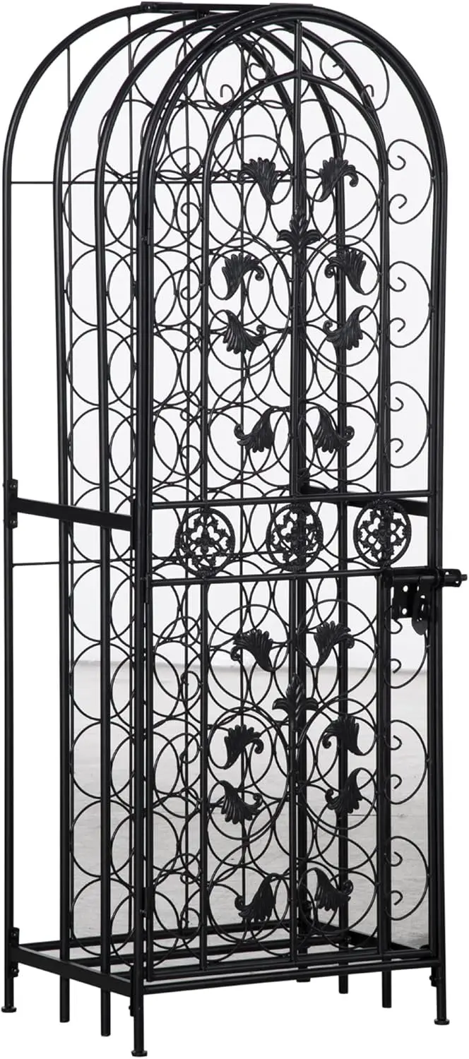 

45 Bottle Wrought Iron Wine Rack Jail with Lock - Black