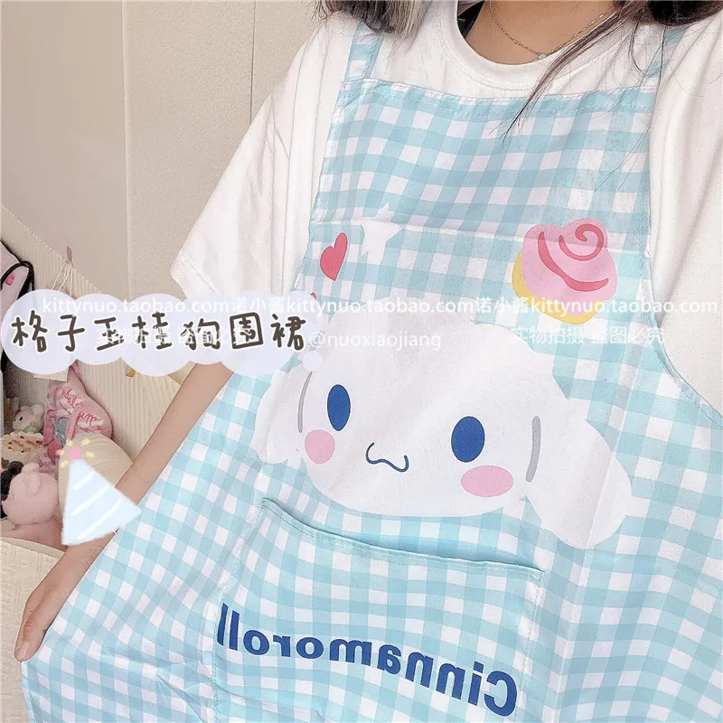 Cute Plaid Sanrio Kuromi Cinnamoroll My Melody Apron Home Kitchen Household Anti Dirt Apron Big Girl Woman Apron