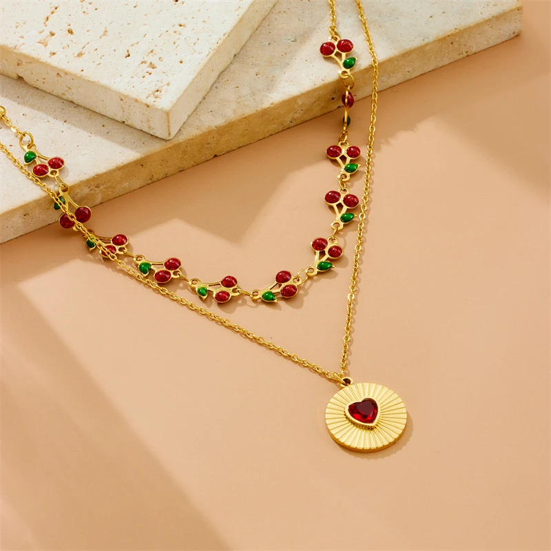 DIEYURO 316L Stainless Steel cherry Circular Inlaid Red Heart Zircon Double-layer Necklace WomensTrend Neck Chain Jewelry Gift