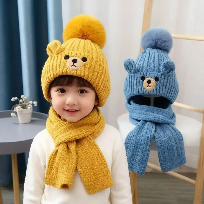 Children's Two-piece Hat And Scarf Set For Autumn And Winter Boys And Girls Knitted Scarf Warm And Versatile Woolen Hat