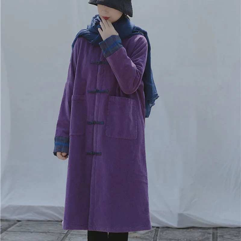 

Chinese Winter Corduroy Comfortable Warm Cotton-Padded Jacket Women Retro Button Seam Clip Cotton Coat Loose Long Outwear Coat