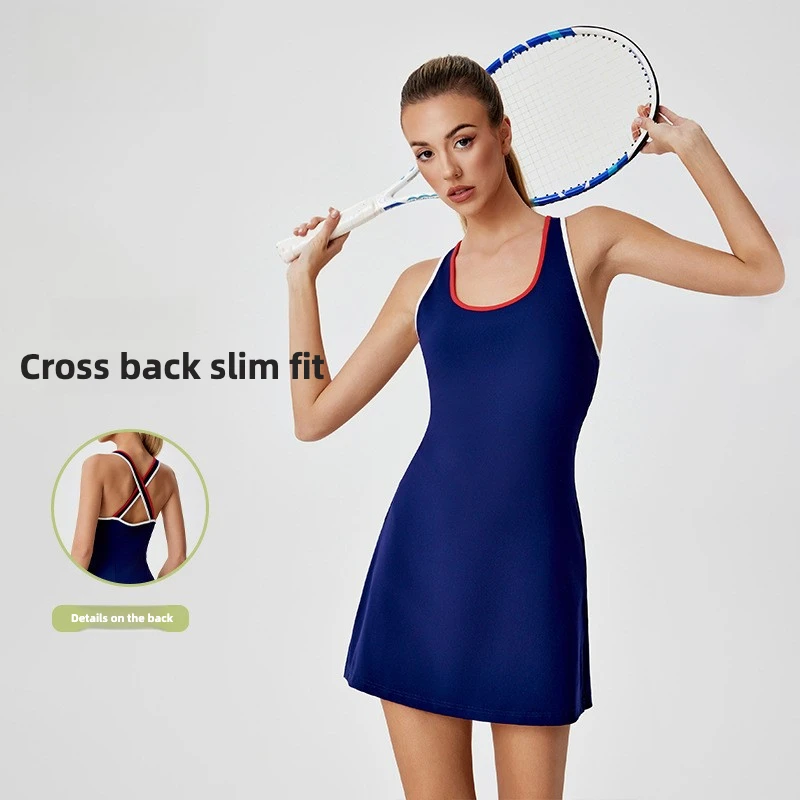 

Contrasting color nude quick-drying dress anti-light design chest pad cross hollow back tennis skirt tennis dress sport