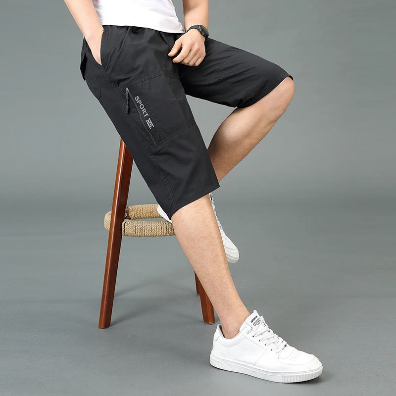 Summer Beach Casual Shorts Men\'s Clothing Solid Color Youthful Vitality Safari Style Pockets Daily Mid Waist Elastic Knee Pants