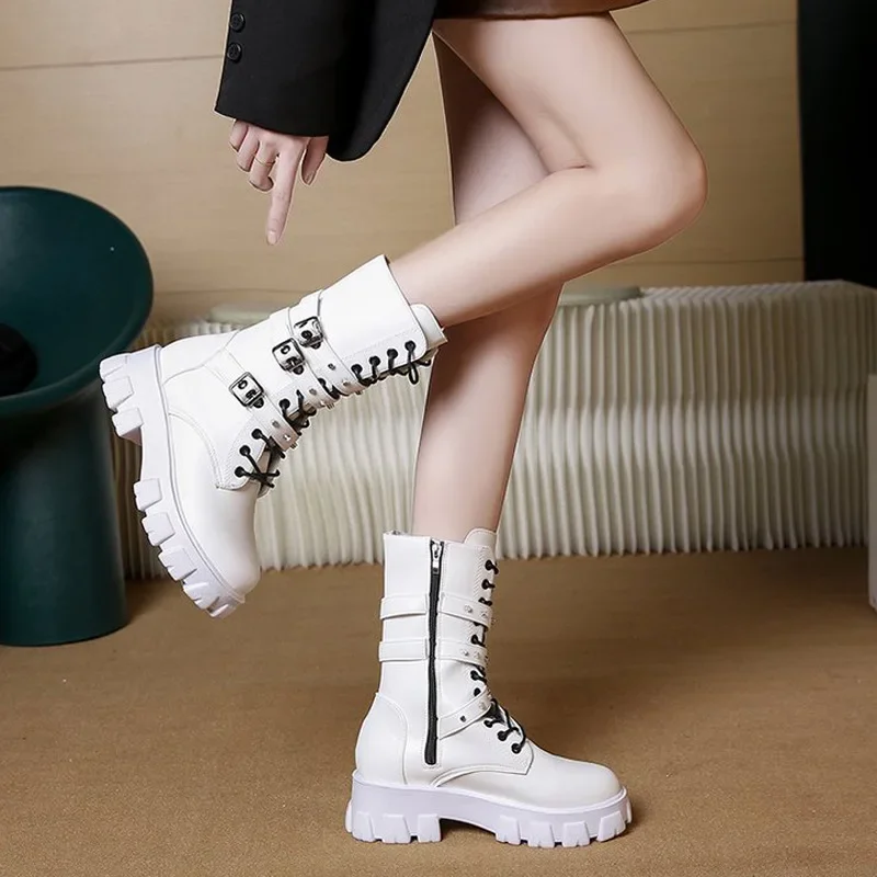 Punk Women Boots Zipper Motorcycle Boots Mid-Calf Boot 2024 Autumn Winter Women Biker Boots Platform Heel Ladies Shoes New Botas