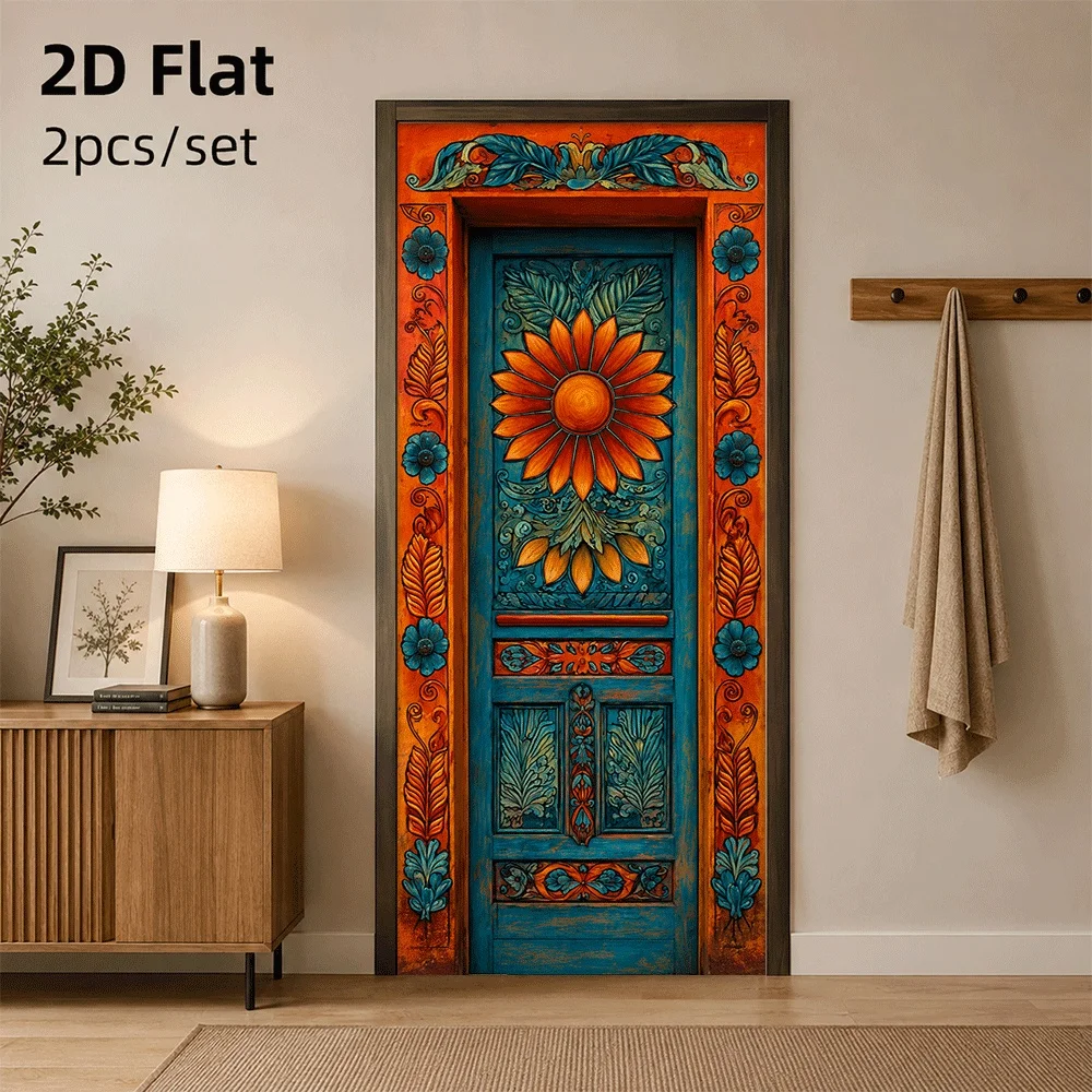 1 door sticker inspired by traditional Mexican art style, with a vivid contrast between orange and blue 2D flat