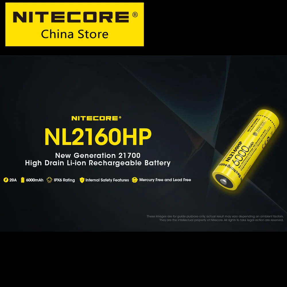 Original NITECORE NL2160HP 21700 6000mAh 20A 3.6V IPX6 Protected Li-ion ButtonTop High-performance Rechargeable Battery 1 Piece