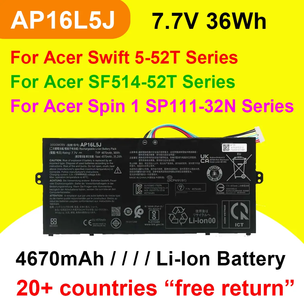 AP16L5J For Acer Swift 5-52T SF514-52T-59YX Aspire SF514 Spin 1 SP111-32N Series Laptop Battery 7.7V 36Wh With Tracking Number