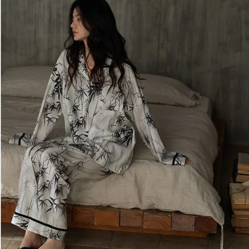 Pajamas Women's Chinese Style Minimalist Loungewear 2024 New Long Sleeved Sleepwear Set Spring Autumn V-neck Loose Homewear