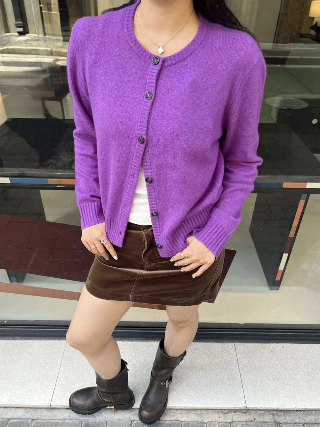 

Вязаный кардиган с открытым передом «Фиолетовые облака»: Новинка осенне-зимнего сезона, женское повседневное шерстяное пальто с длинными рукавами