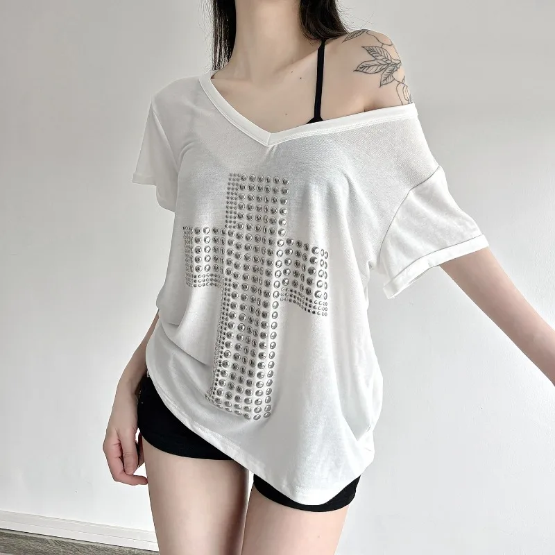 2000s V-neck Sheer Short Sleeve Tops Vintage Harajuku Short Sleeve Streetwear Loose TeesJapanese Y2K Metal Cross Print T-shirt