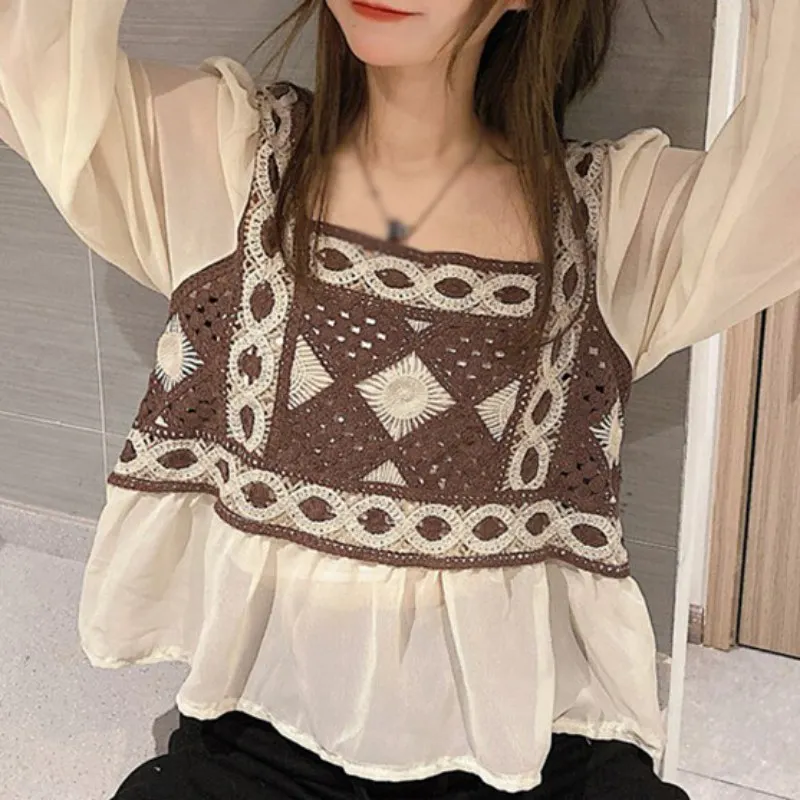 Western Style Design Autumn Korean Fashion Long-sleeved Chiffon Shirt Tanks