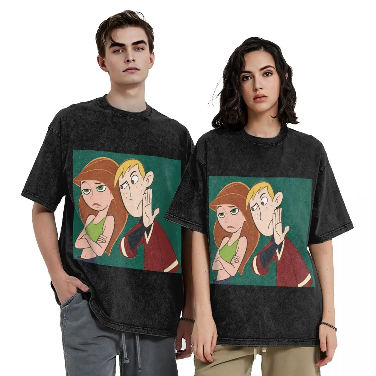 Kim Possible Hip Hop Short Sleeve T-Shirts Washed Tops Tees Streetwear T Shirt Cotton for Men Women
