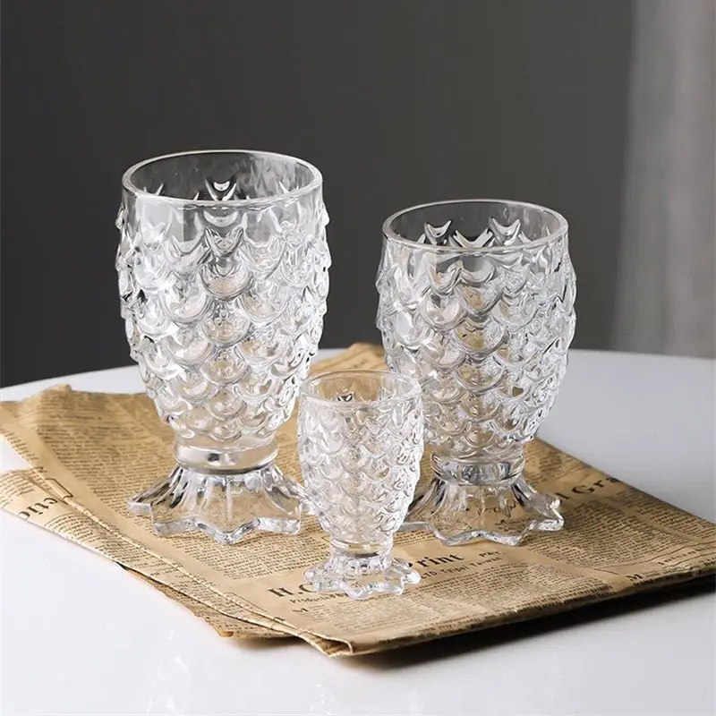 Aixiangru-Fish Scale Glass Cup,Relief Bubble Tea Cup,Mermaid Print Water Cup,Beer Glass,Home Cocktail Glass, 35ml, 165ml, 240ml