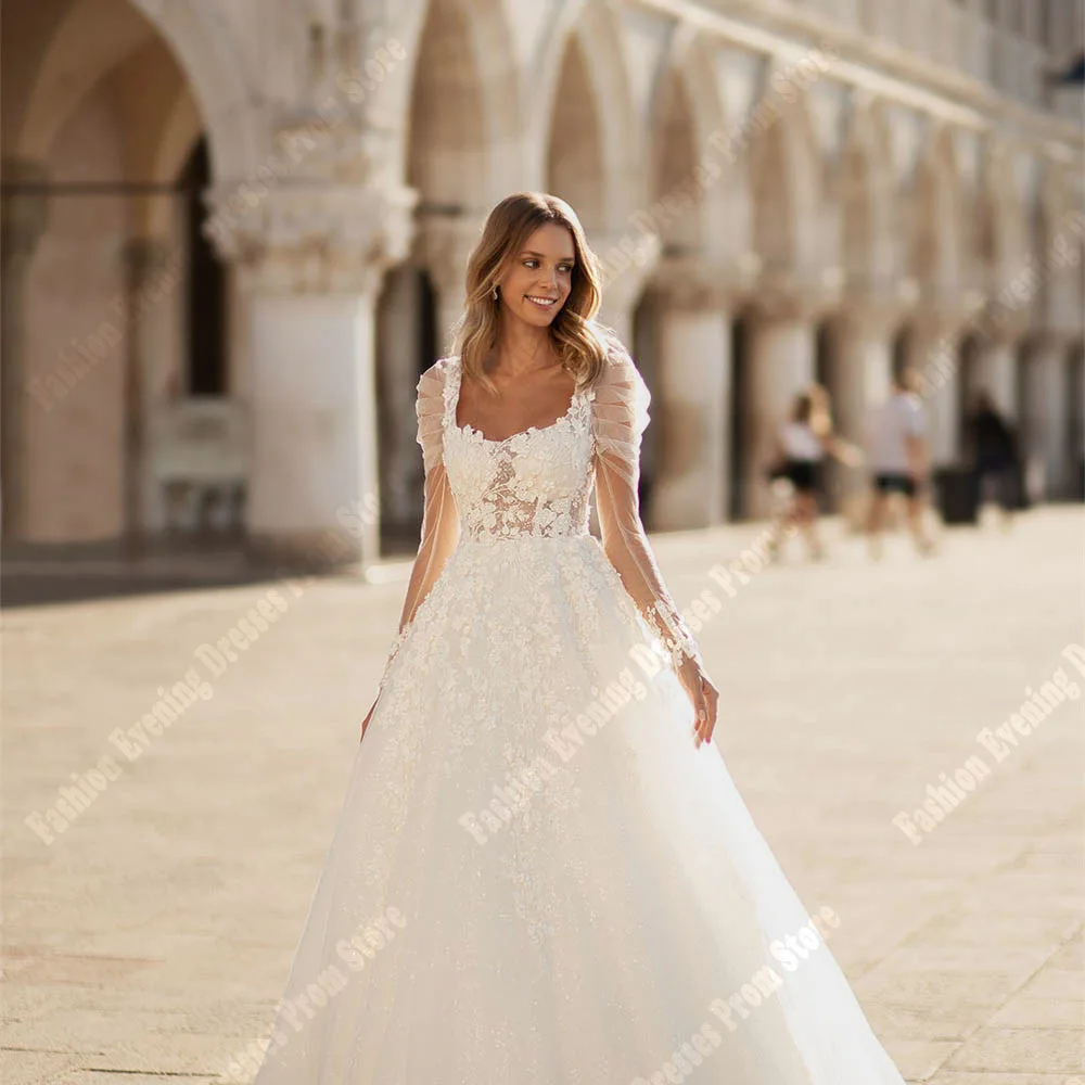 Elegante Witte Vrouwen Trouwjurken Kant Lange Mouwen Kanten Applique A-Lijn Bruidsjurken Op Maat Gemaakte Klassieke Vestidos De Noivas