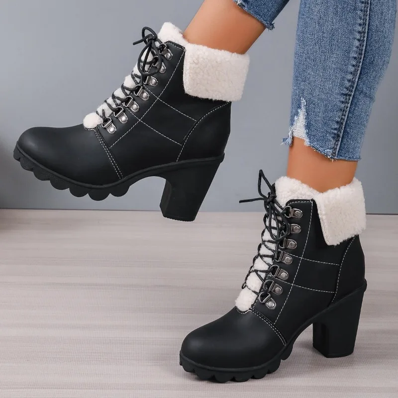 Botas con cordones delanteros para mujer, botines modernos con borde vuelto, talla grande, 2024