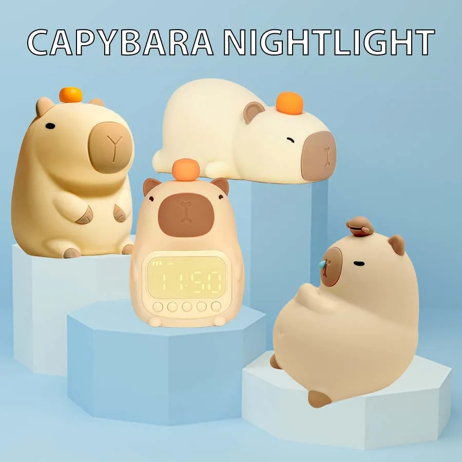 Kapibara lampka nocna Led RGB lampa biały stół Cute Cartoon żłobek do dekoracja sypialni nocnej z zegarem z funkcją ściemniania prezenty urodzinowe