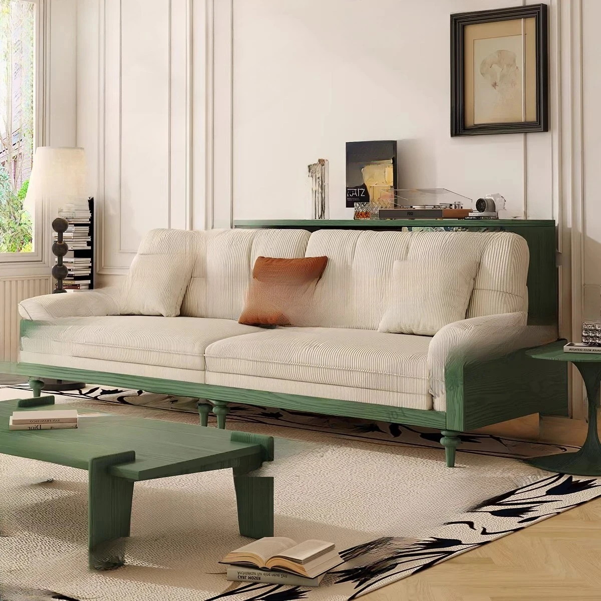 retro solid wood sofa, medieval fabric sofa combination three-person small apartment  cloud