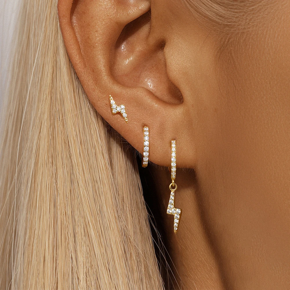 3PCS Gold Plated Lightning Flower Chain Drop Earrings Set for Woman Stainless Steel Zircon Dangle Earring Piercing Jewelry