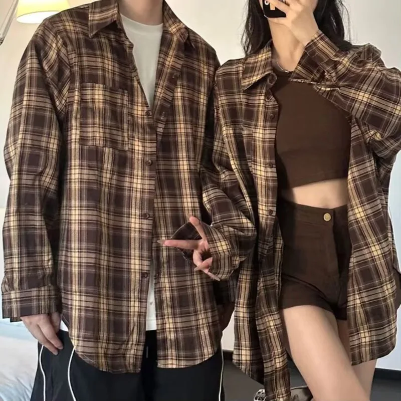 HKSH 春秋の新女性男性シャツチェック柄長袖シングルブレストポケットターンダウンカラー多用途レトロブラウス HK16976