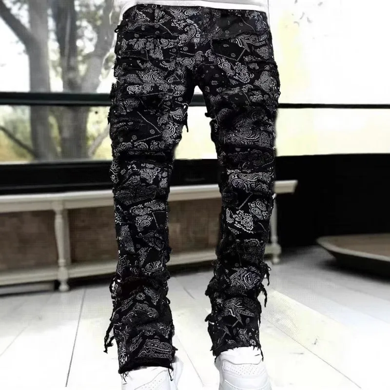 Brushed Straight Leg Jeans with Slight Flare Mid Waist Streetwear Cropped Straight Hem Zip Fly Medium Stretch Spring Men Jeans