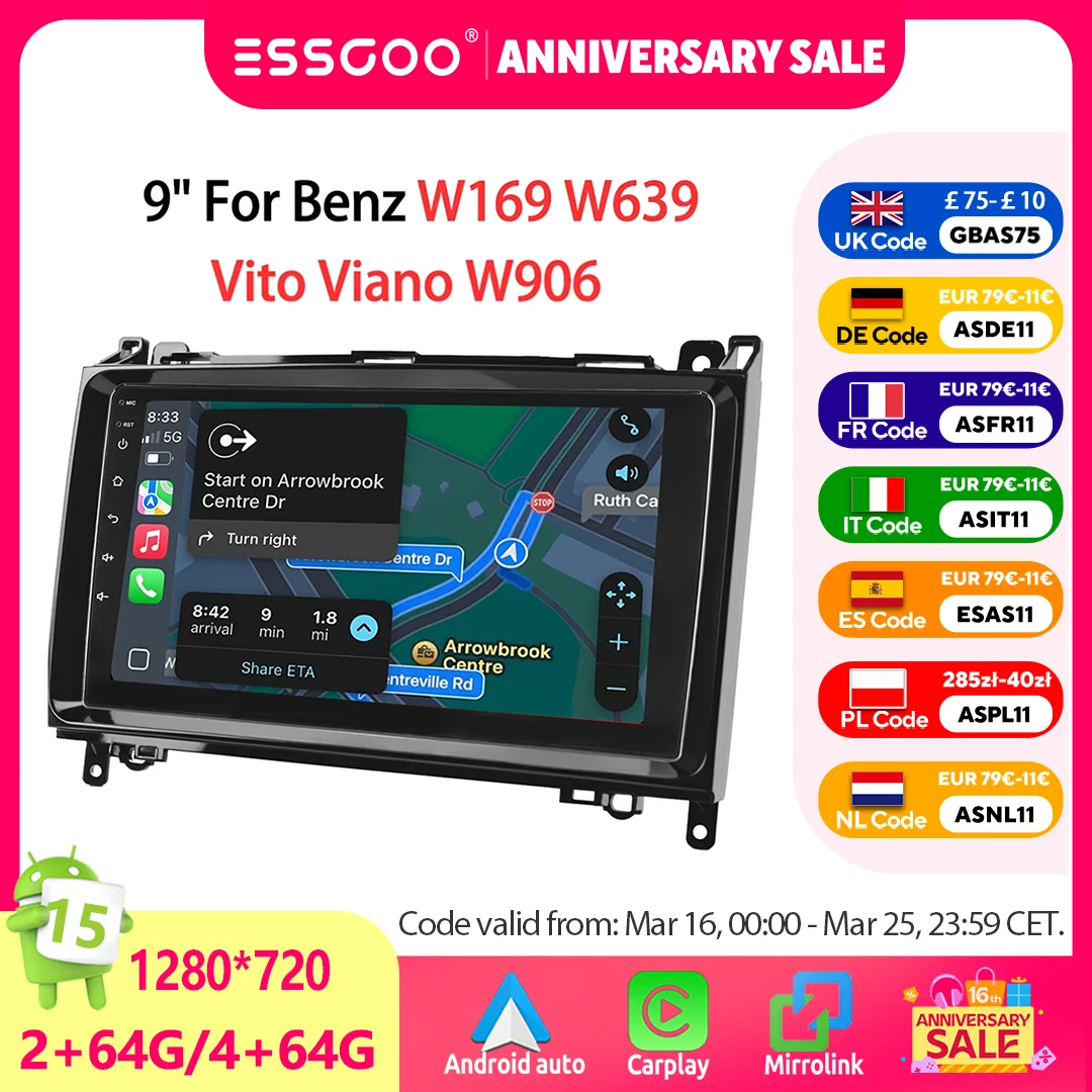ESSGOO Android 15 4+64GB Autoradio 9" Wireless CarPlay Android Auto für Mercedes Benz W169 W639 Vito Viano W906 Sprinter GPS Navi WiFi Bluetooth Lenkradfernbedienung FM RDS Mirror Link Head Unit