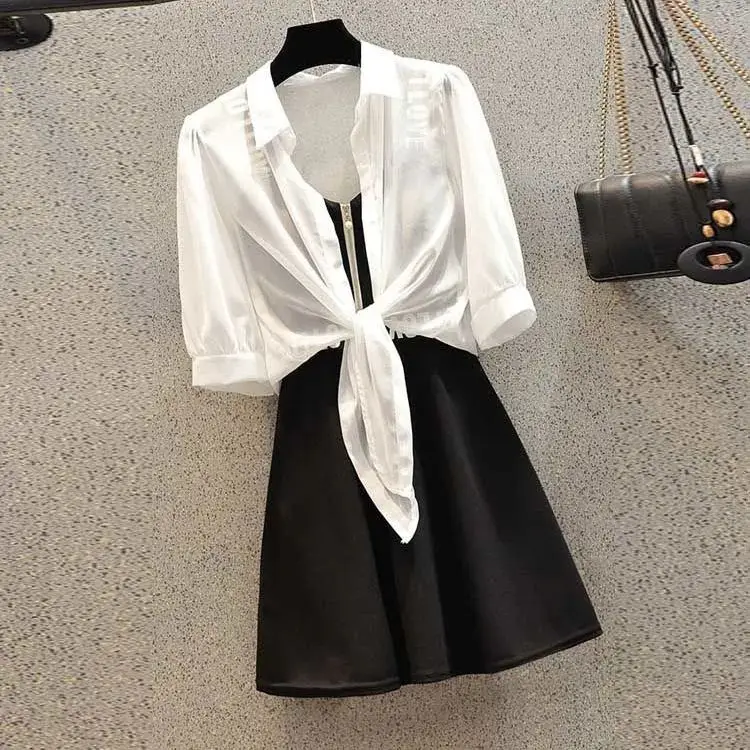 Summer New Sunscreen Chiffon Shirt Letter Printing Sling Dress Two Piece Elegant Women\'s Dress Set Casual Outfits Clothing