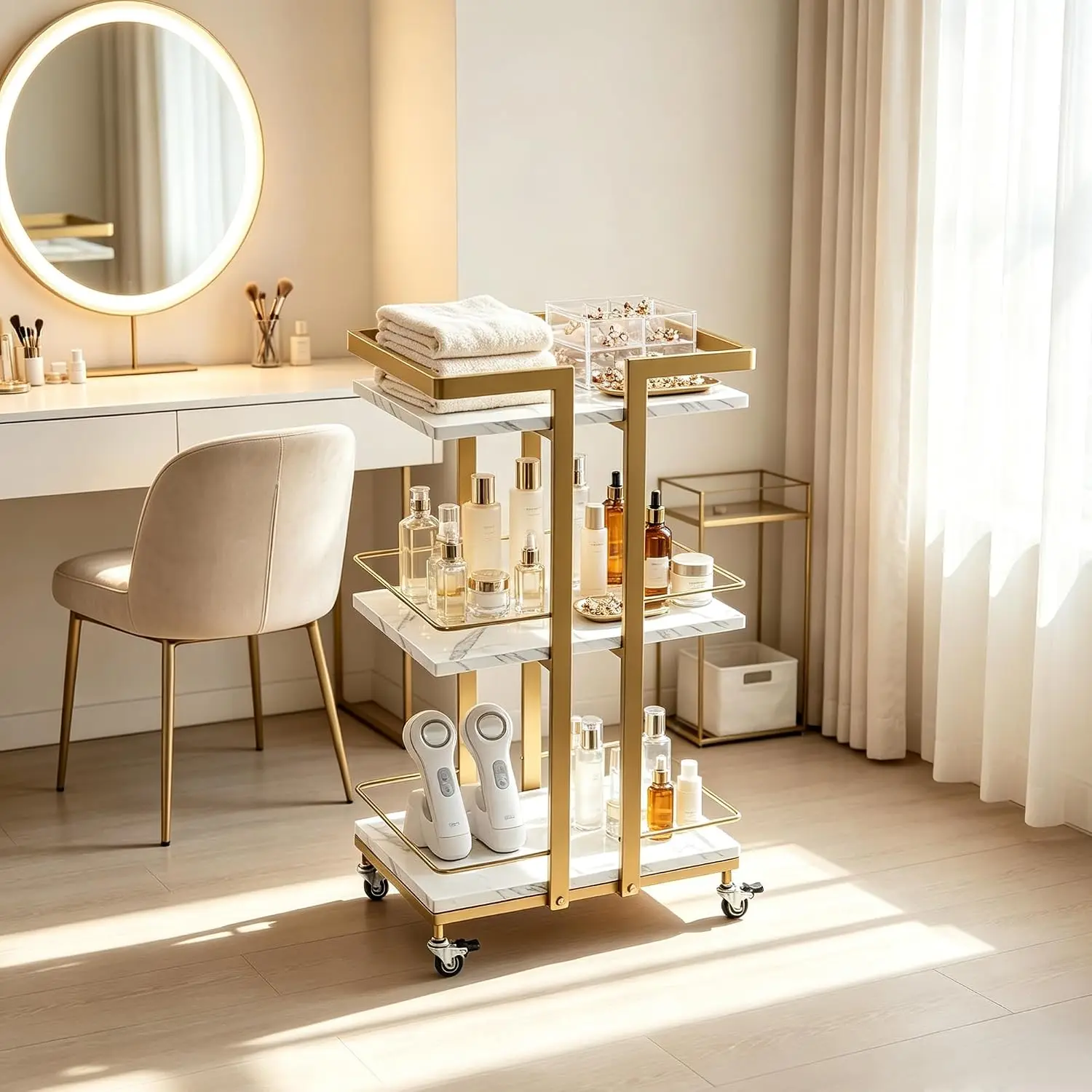 3-Tier Rolling Utility Cart with Locking Wheels, Sturdy Metal Barber Salon Trolley for Beauty Shop, Manicure Store, Massage Parlor, Kitchen & Living Room
