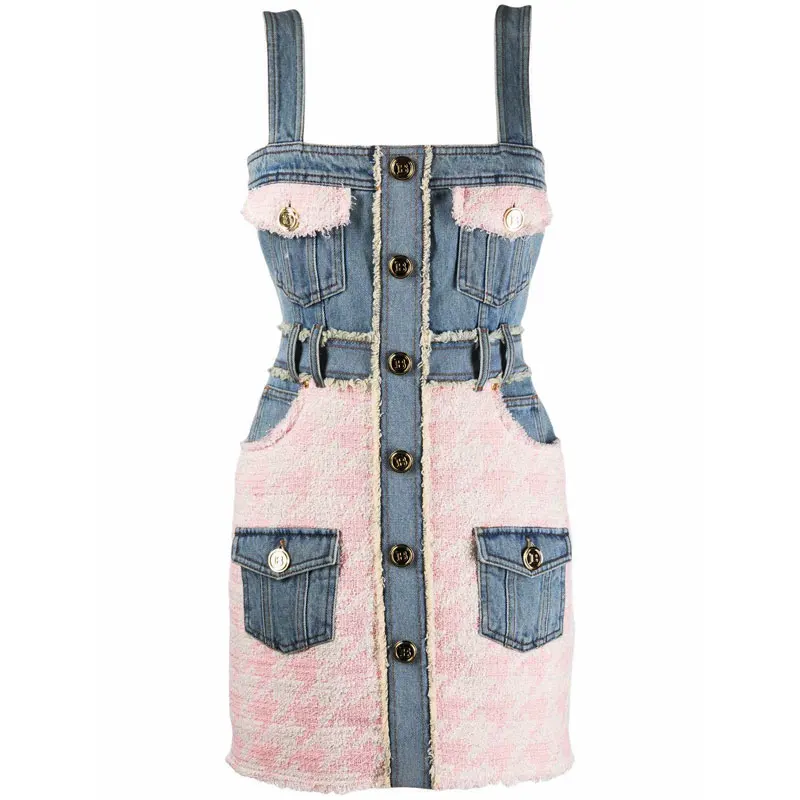 Houndstooth Stitching Denim Dress Women\'s Sleeveless Suspender Skirt Slim Fit And Slim Bag Hip Suspender Skirt