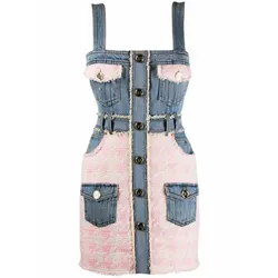 Houndstooth Stitching Denim Dress Women's Sleeveless Suspender Skirt Slim Fit And Slim Bag Hip Suspender Skirt