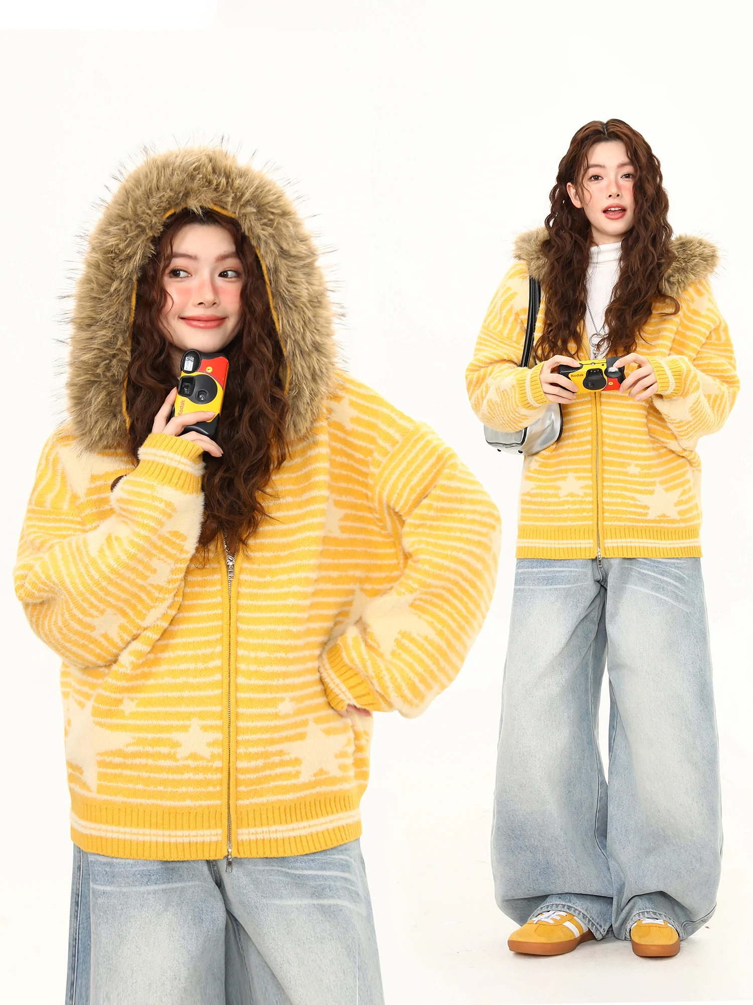 

Утепленный женский свитер с капюшоном, свободного кроя, с длинными рукавами, теплый, с меховым воротником, в полоску, в американском ретро-стиле